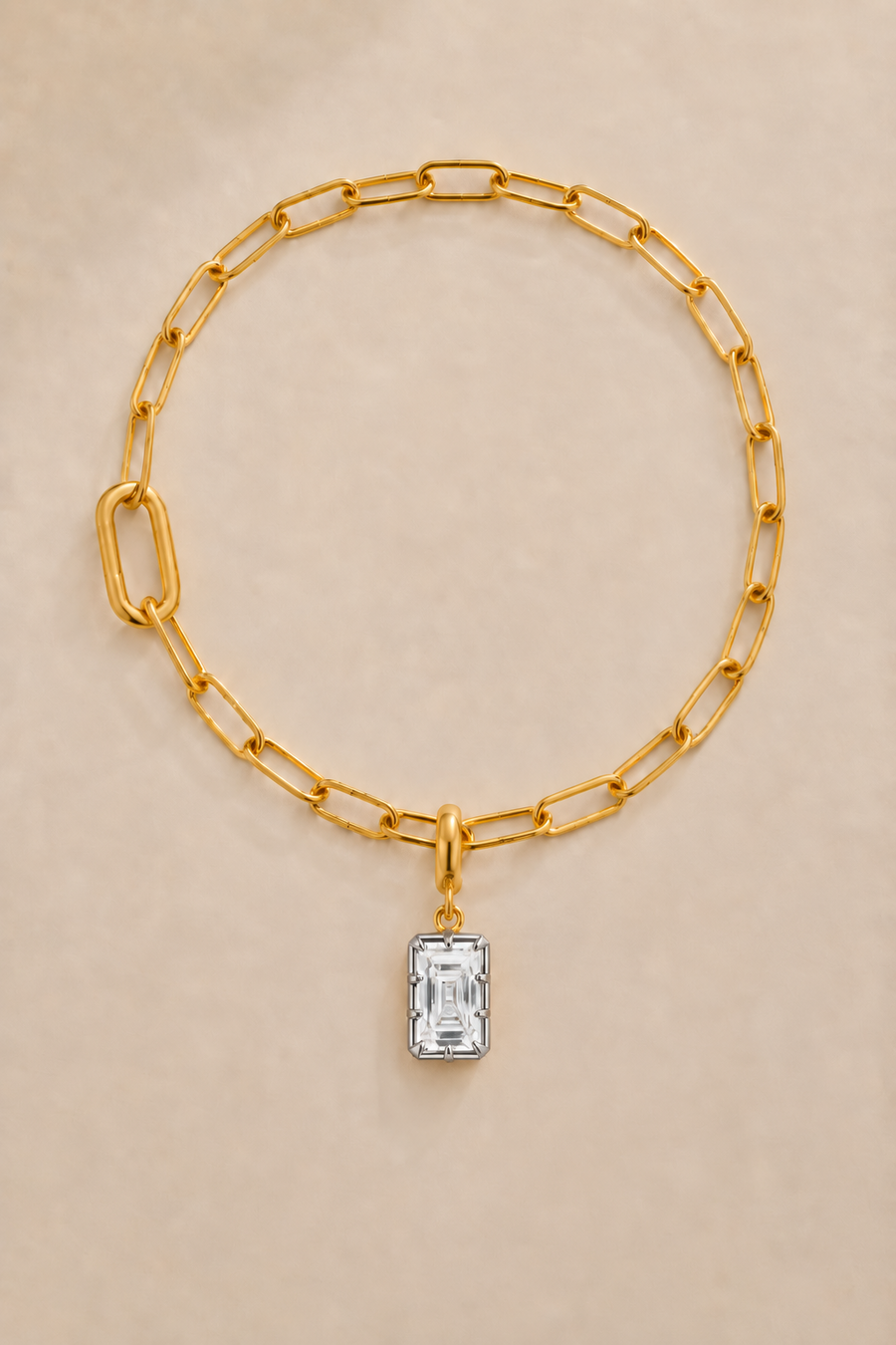 Vittoria Emerald Cut white rhodium and gold hook charm on the gold Large Link bracelet or anklet