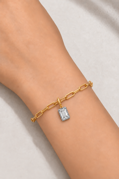 Vittoria Emerald Cut white rhodium and gold hook charm worn on the gold Large Link bracelet
