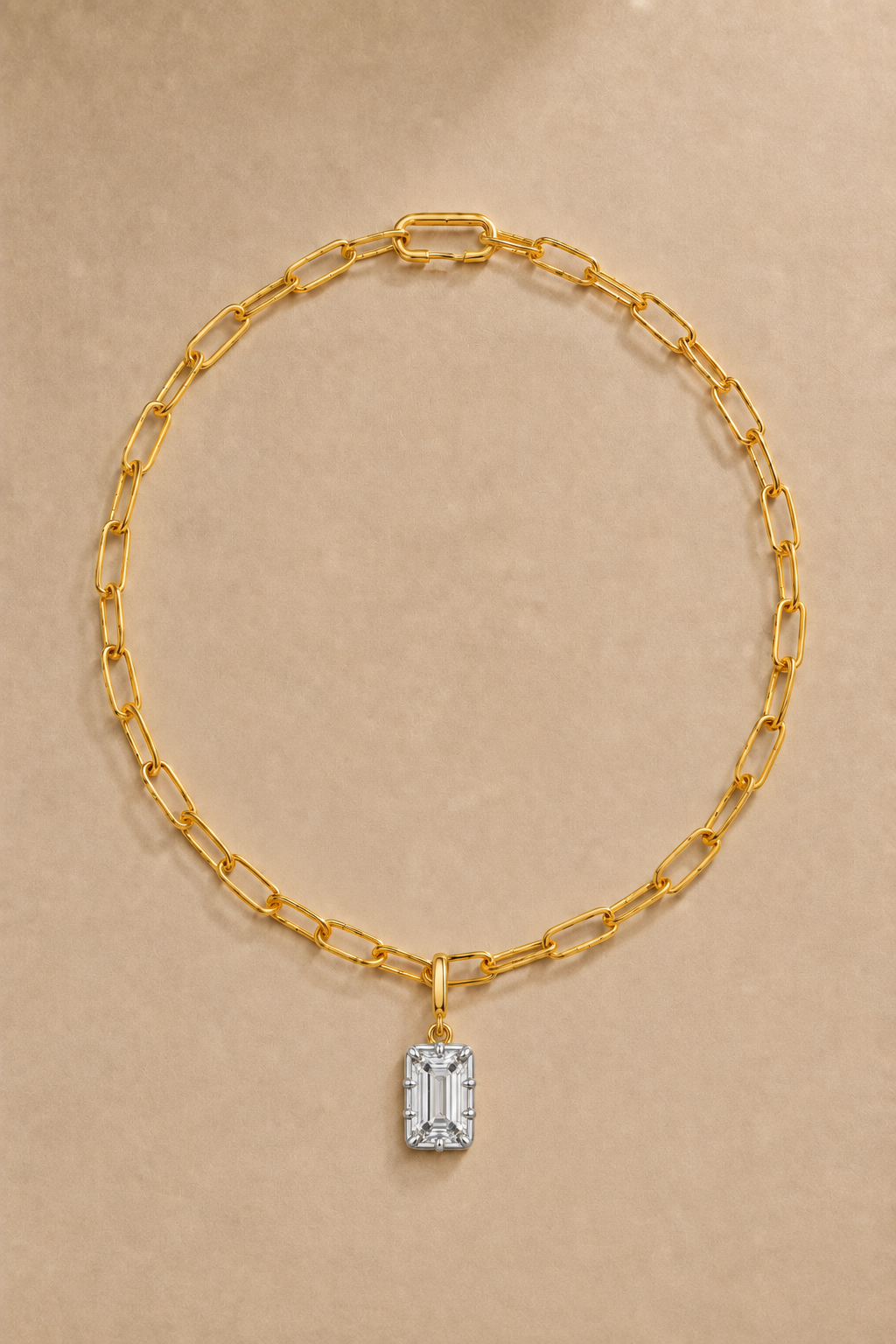 Gold Large Link Chain necklace with Vittoria Emerald Cut white rhodium and gold hook charm