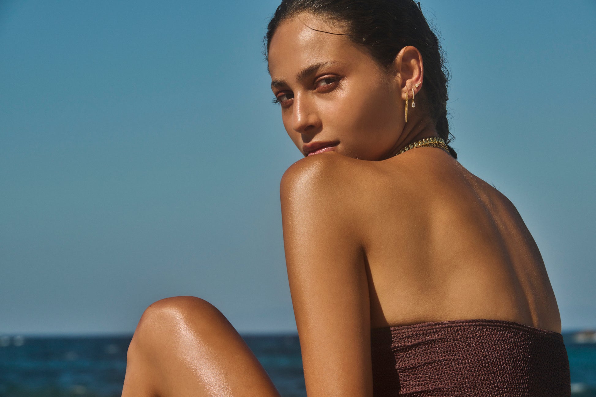 Hanging mini baguette gold vermeil earring