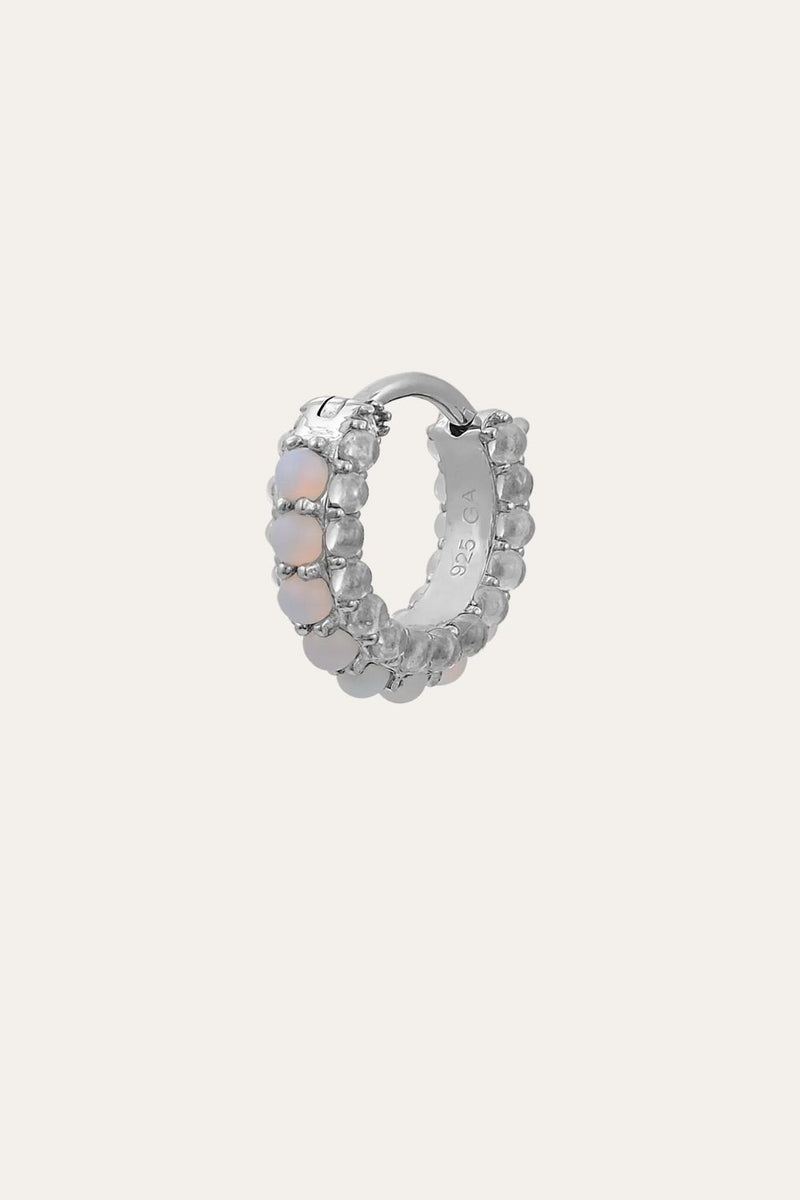 Barrel white cz & opal sterling silver huggie