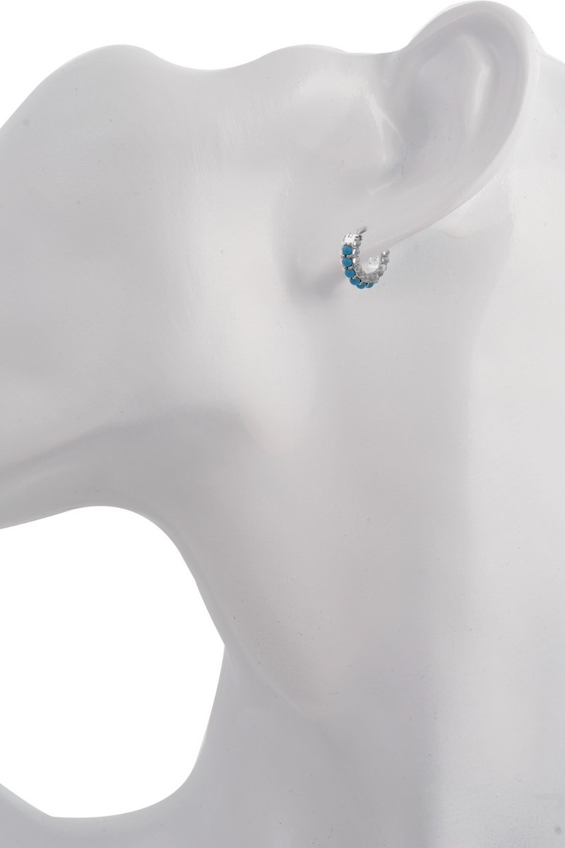 Barrel white cz & turquoise sterling silver huggie